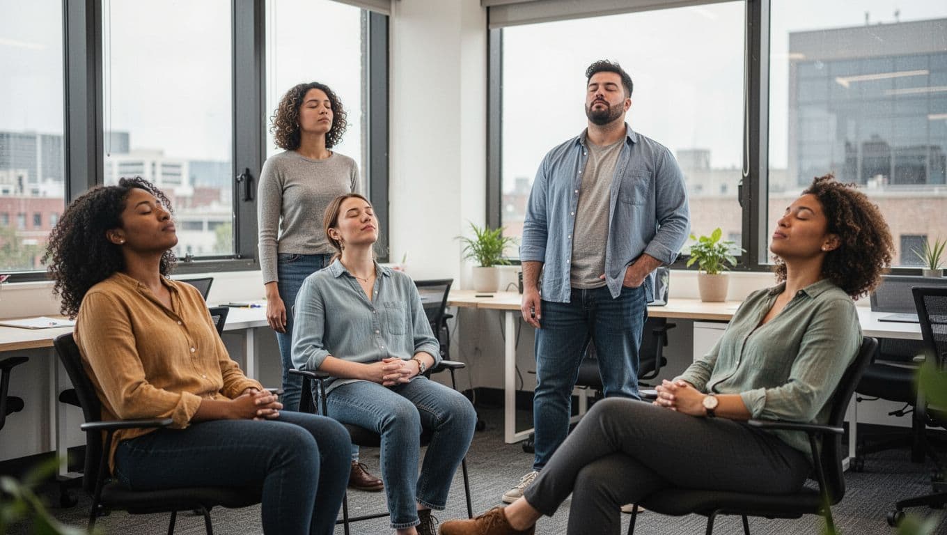 A group of four diverse office workers in a modern casual meeting room with natural daylight from windows; two sitting and two standing, some practicing breathing with eyes closed, all relaxed without forced poses.