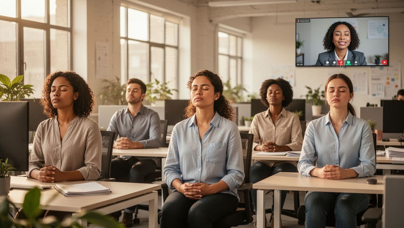 Diverse group of five office workers in a bright open office take a short breathing pause at desks with eyes closed and hands on laps, subtle calm expressions, one remote worker on video call inset.