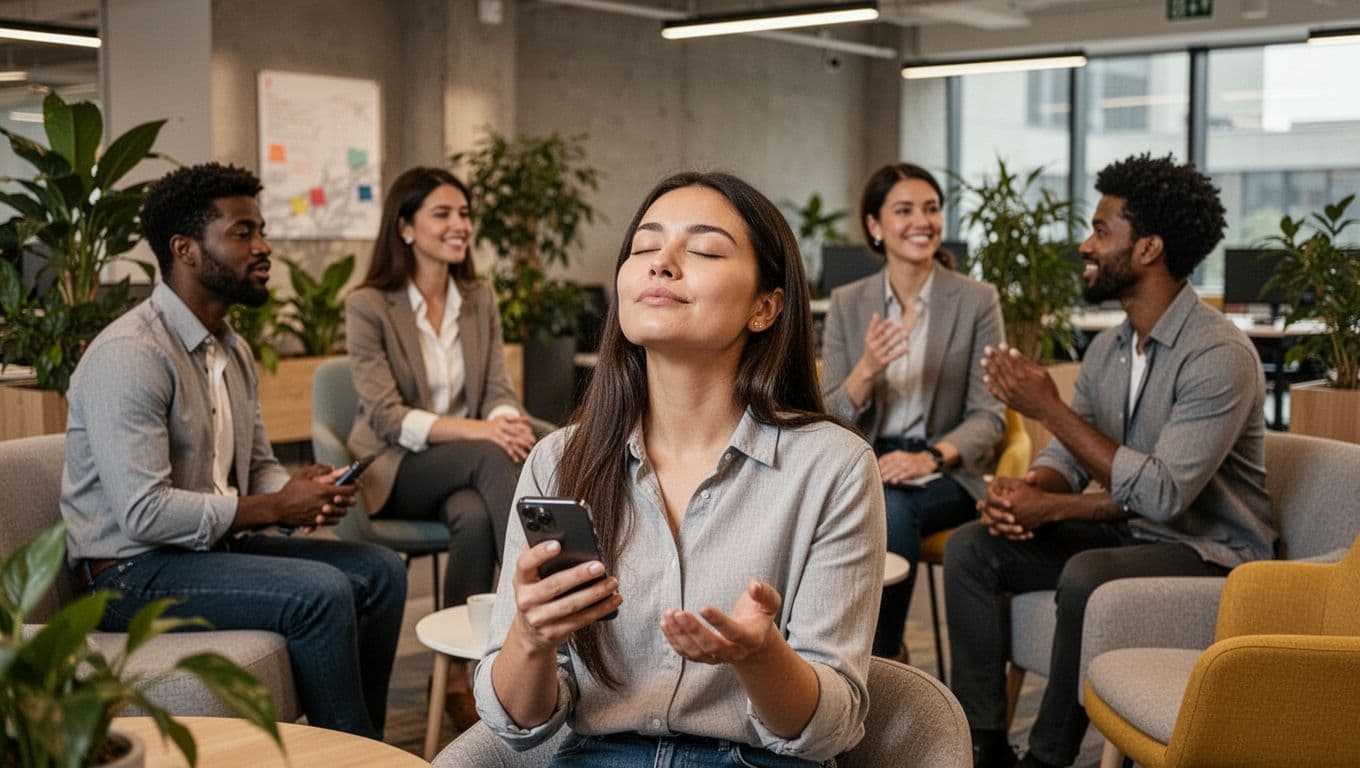 A diverse group of four office workers in a modern break area; one person closes eyes breathing deeply while holding a phone loosely, others chat casually amid plants and soft seating under warm natural light, photorealistic calm atmosphere.