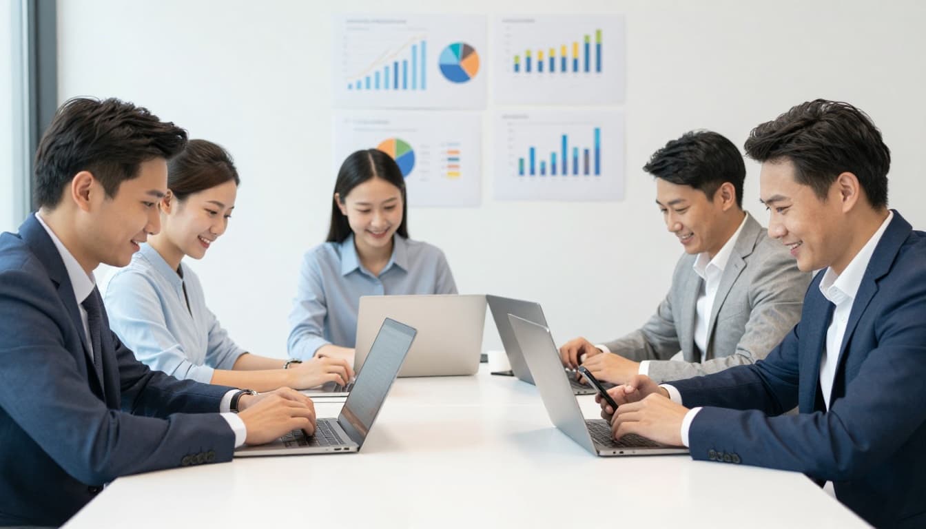 Group of four diverse office workers—two men and two women—in a meeting room, looking relaxed after a break with subtle smiles, one casually checking phone, charts on wall, bright professional lighting.