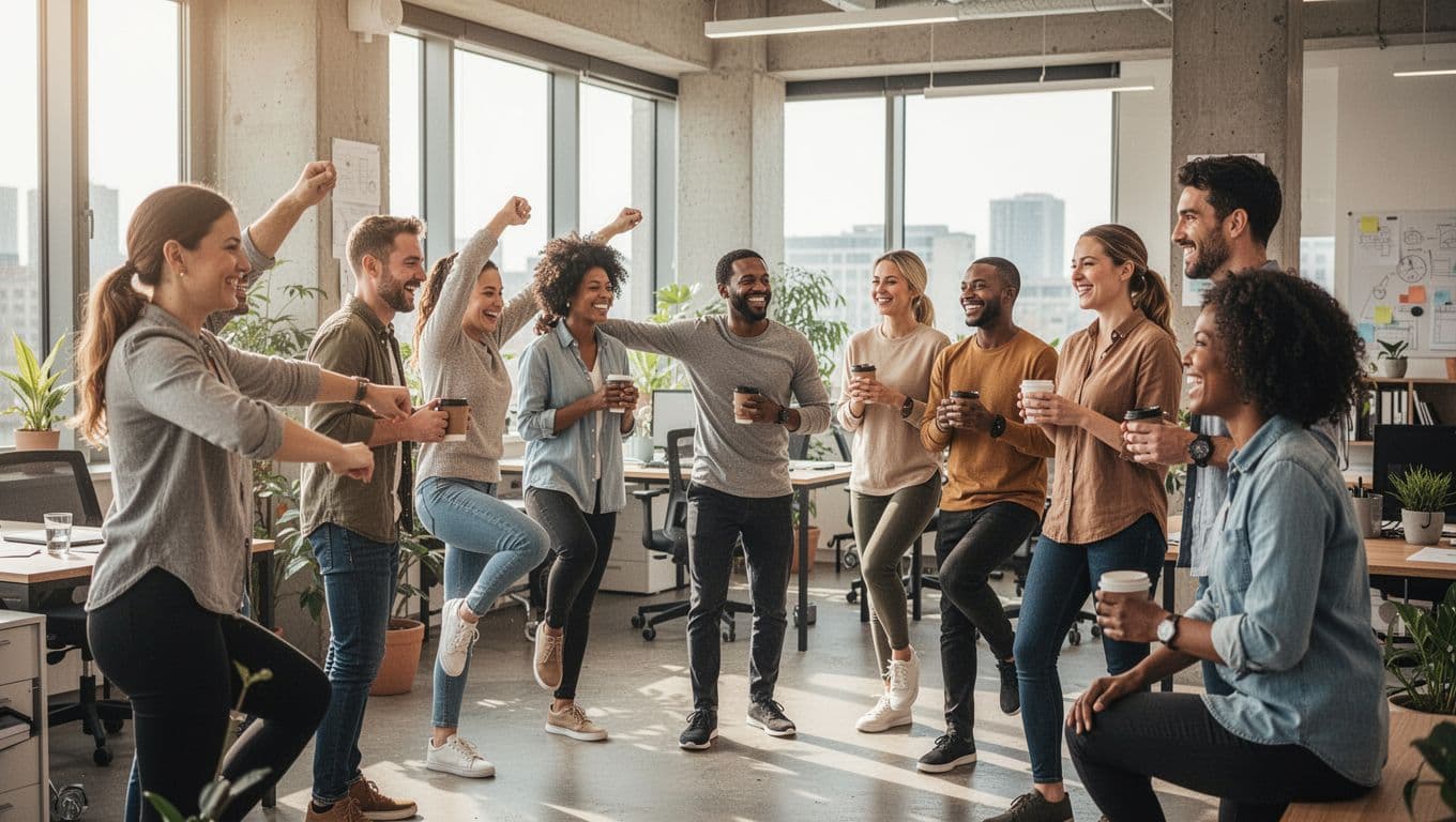 A diverse group of exactly eight office workers in a modern workplace, smiling and participating in a casual wellness activity like stretching or chatting over coffee, with bright natural light from windows and warm lighting in a realistic wide-angle composition showing team interaction.