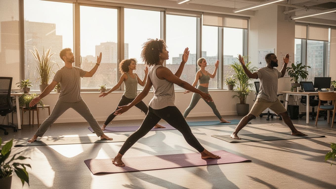Group of four diverse employees in comfortable clothes practicing yoga on mats in a sunny office break room with warm natural light and relaxed poses.