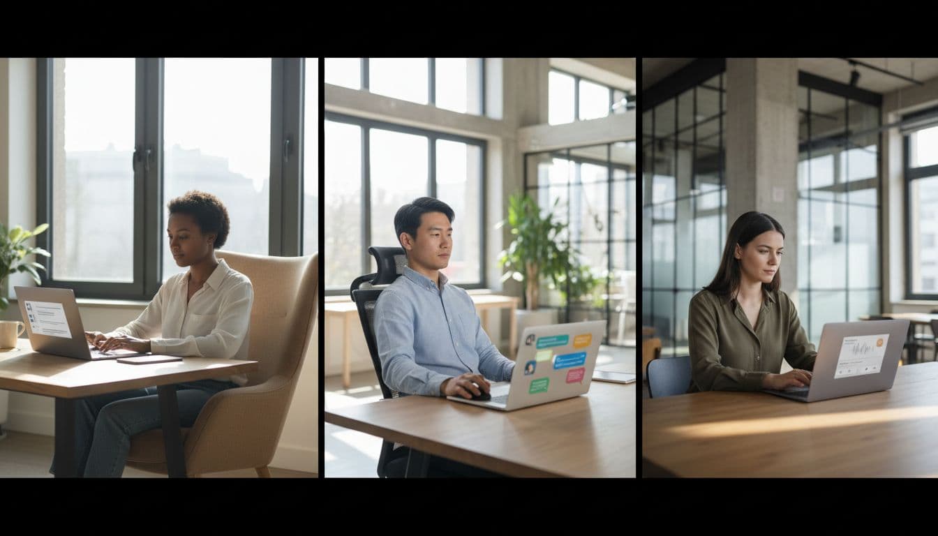 Three diverse professionals work independently in modern office and home settings, each at a desk with a laptop displaying shared documents or chat interfaces at an angle, relaxed postures typing or reviewing under bright natural daylight, photorealistic style.