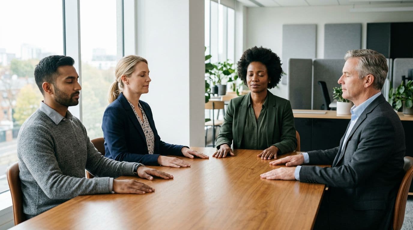 Four diverse professionals—two men and two women aged 30-50—seated around a modern office conference table, pausing for breathwork with eyes closed and hands flat on the table, led by a subtle guiding gesture for unified calm.