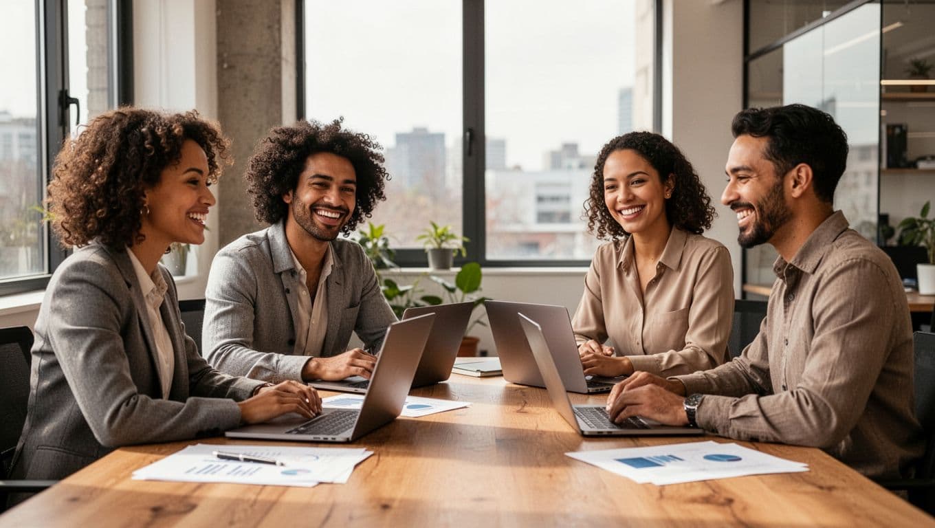 A diverse group of four professionals collaborates around a table with laptops and notes in a modern office, smiling and engaged under natural daylight.
