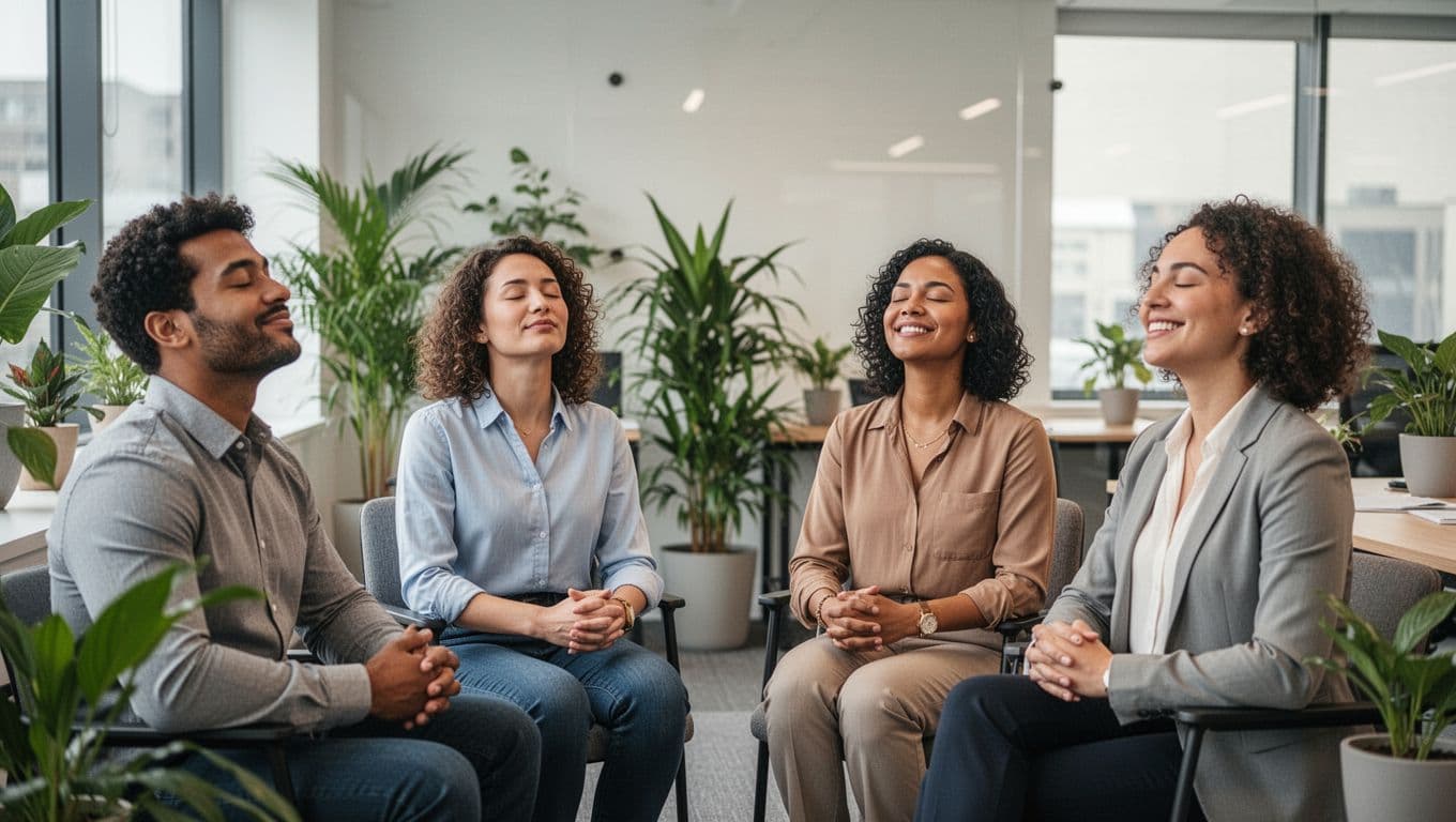 Group of four diverse professionals in a relaxed modern meeting room taking a short breathing pause, some with eyes closed and others smiling calmly, positive atmosphere with plants and natural light.