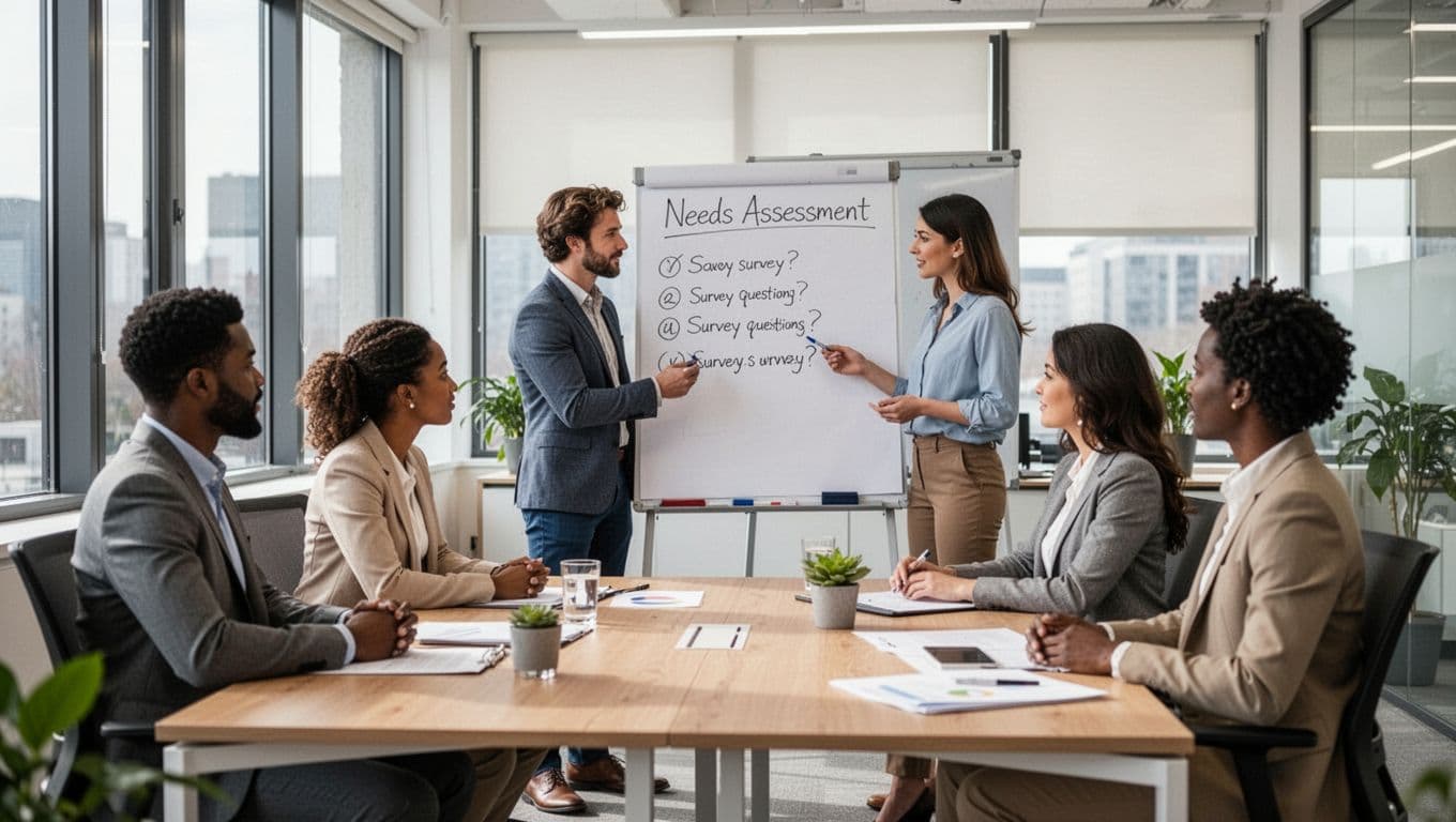 A diverse group of five professionals collaborates in a bright open office conference room during a needs assessment meeting for employee wellbeing, with one person writing simple survey questions on a flipchart under natural window lighting. Realistic photography style captures the scene edge-to-edge in landscape composition.