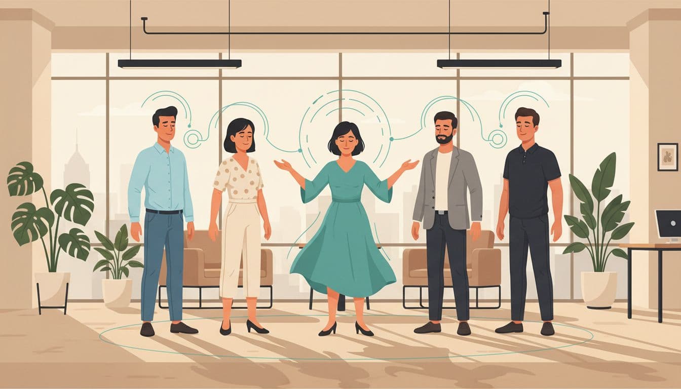 Modern illustration of a diverse group of five professionals (two women, three men) in a modern CDMX office standing in a circle for a guided breathing exercise led by a facilitator, with relaxed faces, plants, clean shapes, teal accents, and warm natural light.