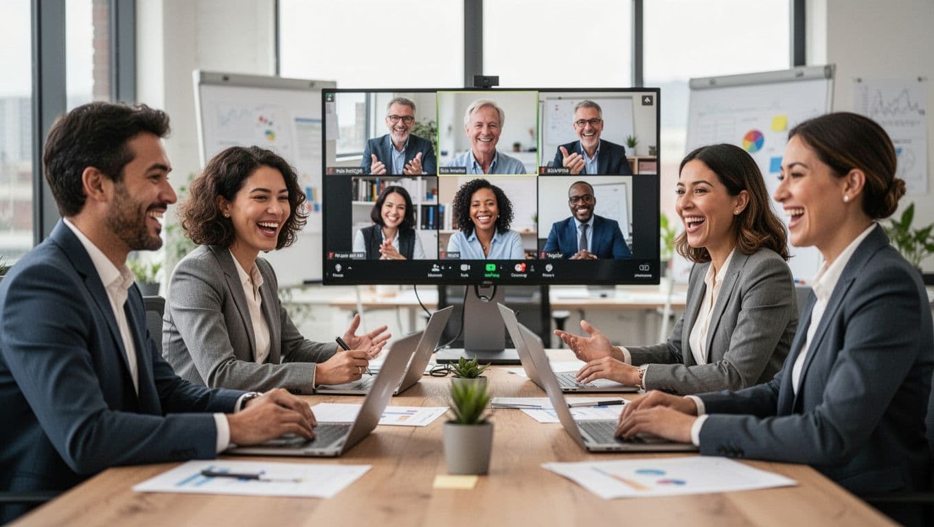 A diverse group of four professionals collaborates energetically in a hybrid meeting, with some in the office and others joining via video, featuring blurred backgrounds, natural light, and a professional photo style.