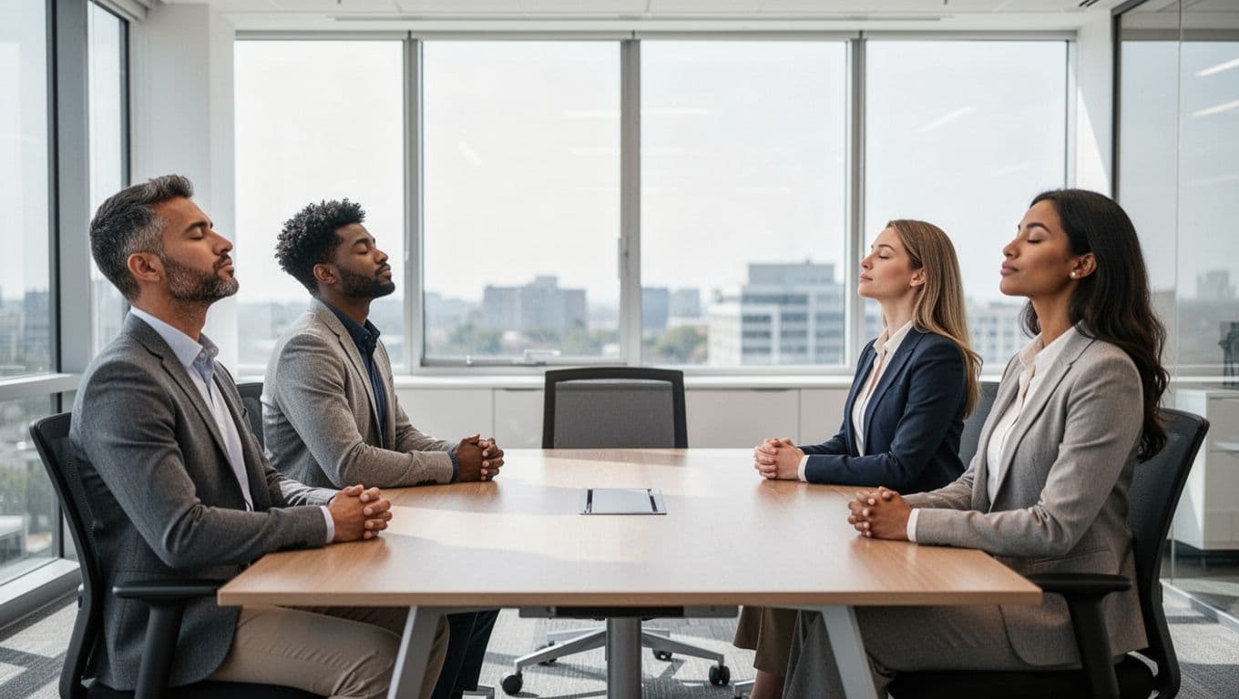 A diverse group of four professionals—two men and two women—seated around a modern office conference table, eyes closed in calm relaxation during a short breathing pause, with natural daylight and business casual attire.