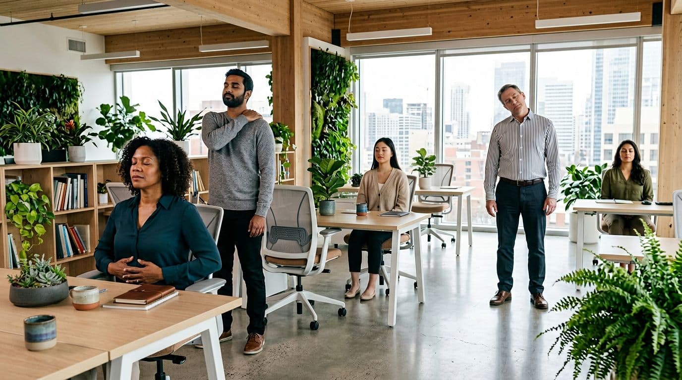 A group of 4-5 diverse professionals in a modern open office with plants and daylight take a short pause: some seated breathing deeply with eyes closed, others doing shoulder rolls, calm atmosphere without interaction.