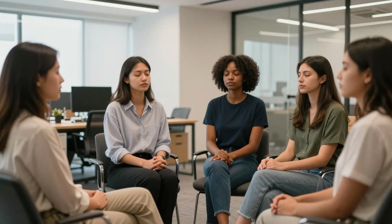 A diverse group of four professionals engages in a relaxed post-meeting huddle, recovering with slow breathing. Seated comfortably in an office lounge with eyes closed and hands relaxed, under warm ambient light in a serene atmosphere.