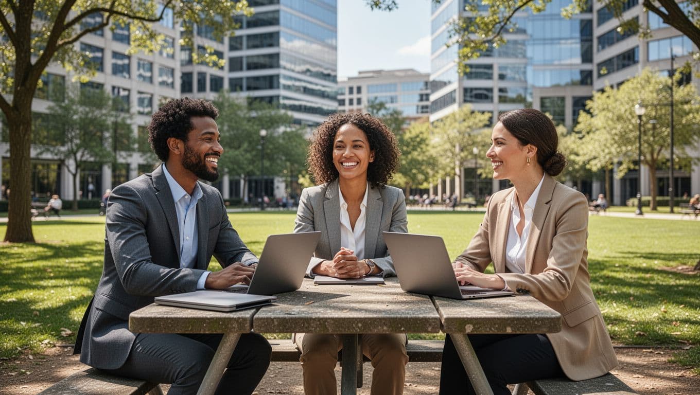 Three diverse professionals chatting and smiling at a picnic table in a sunny park near office buildings, with closed laptops nearby, enjoying a true lunch break.
