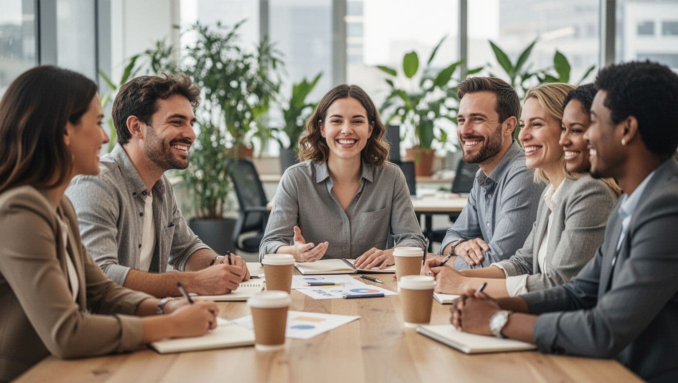 Group of 5-6 diverse professionals smiling casually during a team meeting around a table in a bright office, with notebooks and coffee cups, leader facilitating discussion, attentive listening in foreground, blurred office plants in background, natural daylight, positive productive mood.
