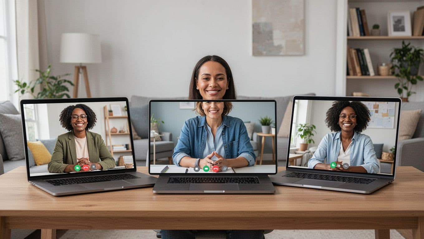 Diverse group of three professionals in a virtual video call on laptops, one leading a coaching session with relaxed expressions, home and office backgrounds, neutral lighting, realistic digital illustration style.