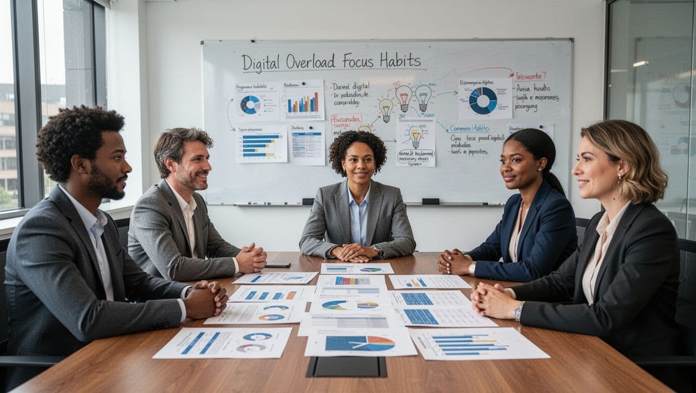 A diverse group of five professionals gathers in a modern conference room around a table, examining printed employee survey charts and whiteboard notes on digital overload and focus habits. They show engaged expressions with hands relaxed on the table, under natural daylight, emphasizing a device-free planning session.