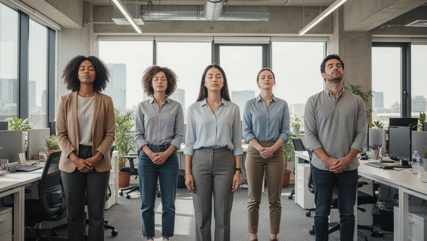 A group of four diverse professionals in a minimalistic modern open office start a short team breathing pause, standing or seated casually with eyes closed and neutral expressions under daylight in a wide realistic photo composition.