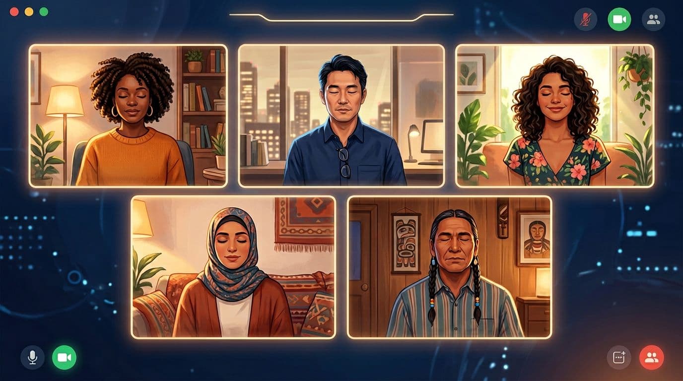 Diverse group of five professionals from various cultures in a virtual meeting, pausing for a collective breathing exercise with relaxed faces on video screens, soft warm lighting, contemporary digital art style.