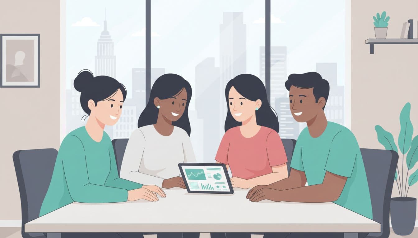 Modern illustration of a diverse PYME team in a CDMX meeting room collaboratively reviewing wellness metrics on a tablet with positive vibes and clean lines.