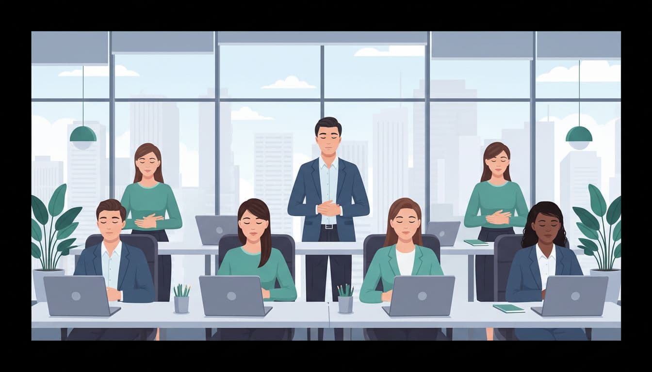 Ilustración profesional de un equipo diverso de cinco reclutadores en oficina moderna de CDMX practicando micro pausas de respiración, sentados con laptops cerradas, manos relajadas inhalando profundamente.