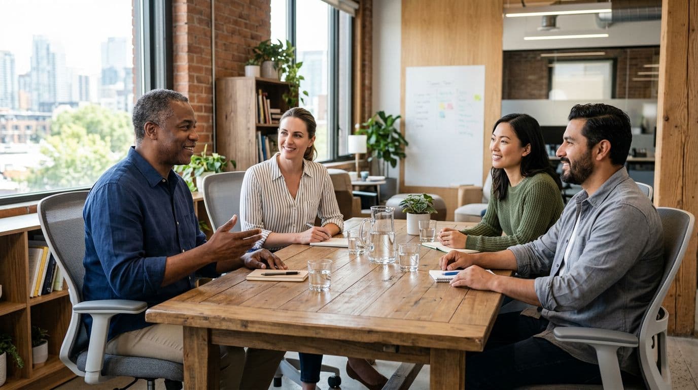 Small diverse team of four office workers—two women and two men—in a relaxed meeting around a table in a bright modern conference room. Leader speaks calmly to attentive colleagues with slight smiles, realistic photograph, landscape orientation.