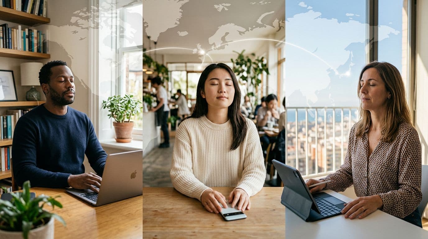 Diverse remote professionals in different time zones pause for deep breaths: one in a home office with laptop, another in a cafe with phone, in a calm setting with soft natural light and subtle world map background showing global connection.