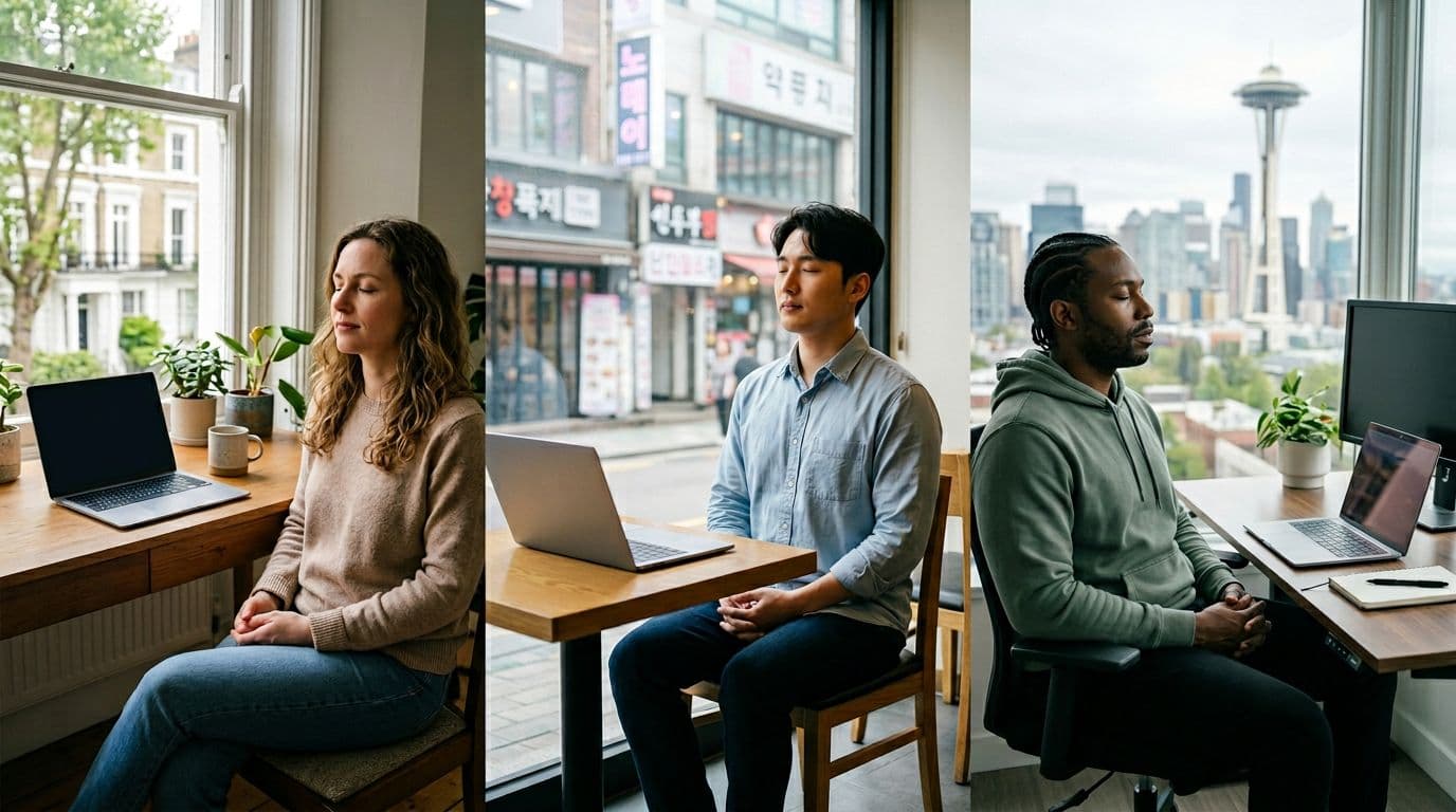 Three diverse remote workers in Europe home office, Asian cafe, and US apartment pause work for guided breathing with closed eyes and laptops nearby, emphasizing global unity in modern realistic style.