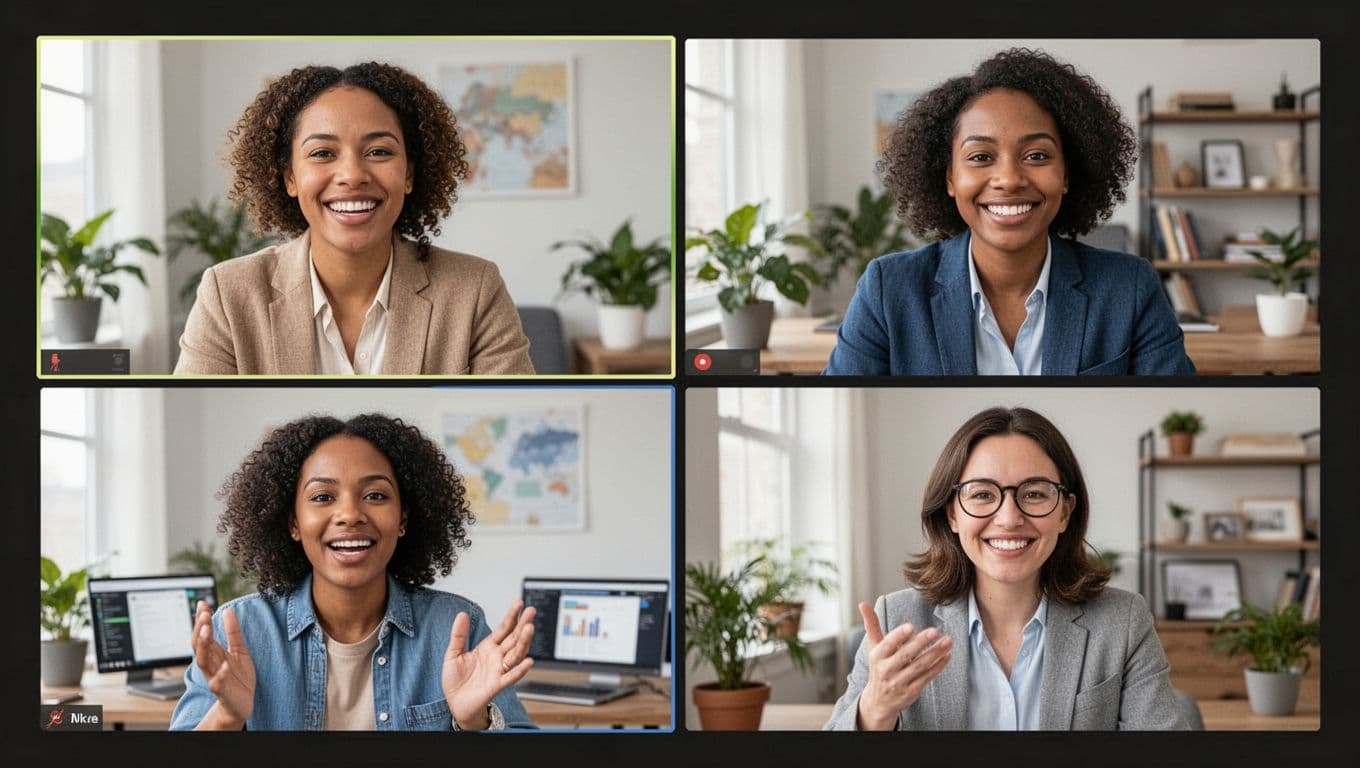 A diverse group of four remote team members appears on a video conference screen with engaged expressions; one speaks with a hand gesture in home office settings, professional yet friendly atmosphere.