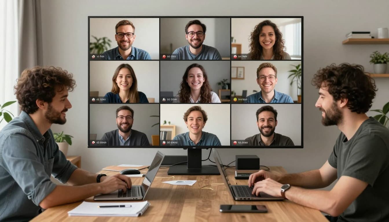A diverse group of exactly five people smiles during a virtual Zoom check-in, sharing personally from home offices with expressive faces centered in realistic soft natural lighting.