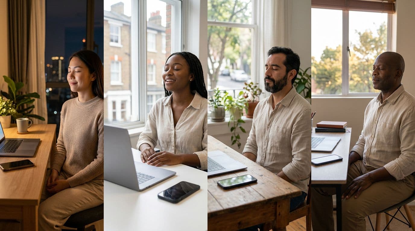 Diverse remote professionals from different time zones and cultures pause for a short guided breathing session at home or coworking desks, showing relief on their faces with laptops nearby.