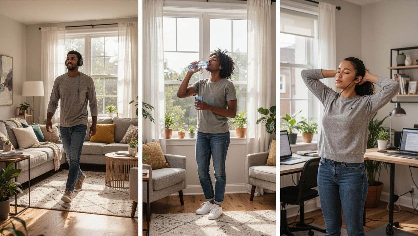 Three diverse remote workers in cozy home offices during short breaks: one walking in the living room, one drinking water by the window, and one stretching their neck, with bright natural light and realistic style.
