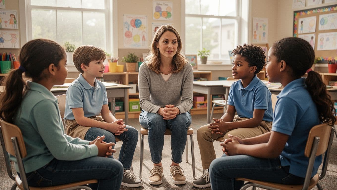 Group of five diverse school children and one adult counselor engaged in a small group circle discussion in a bright classroom with soft natural light, creating a supportive atmosphere.