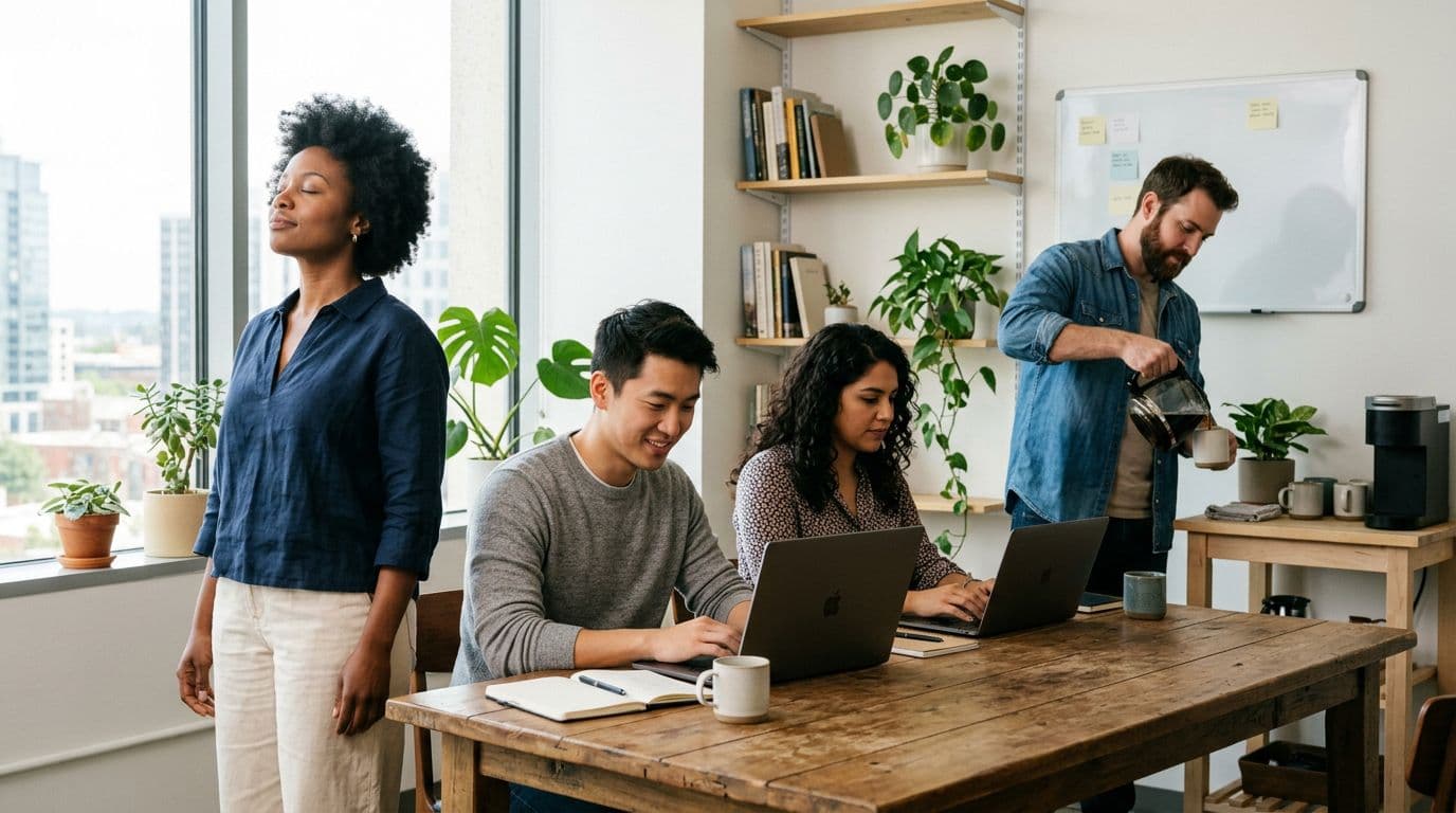 A diverse team of exactly four people in a bright modern office: two collaborating on laptops at a table, one standing taking a deep breath with eyes closed, and one pouring coffee, evoking a relaxed vibe with natural window light in realistic photography style.