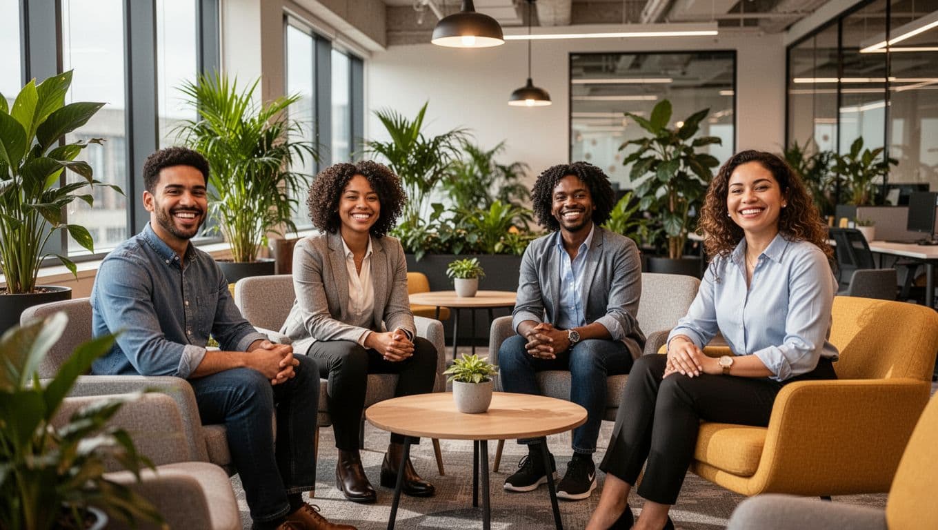 A diverse group of four office workers—two men and two women of different ethnicities—smiling and relaxed in a modern workplace lounge area featuring plants, comfortable seating, natural daylight, and warm lighting.