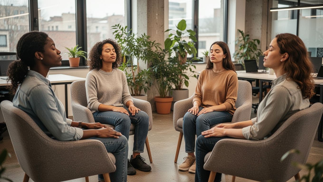 A diverse team of four in a modern co-working space sits in a circle during a break, eyes closed with relaxed postures practicing guided breathing amid soft natural light and plants.