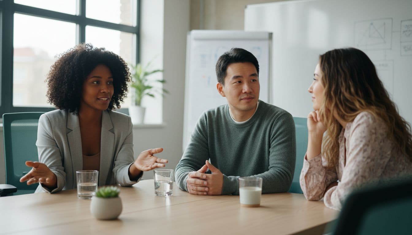 A diverse group of three startup professionals in a modern meeting room discusses openly with calm, supportive expressions; one speaks while the others listen attentively under natural light in professional photography style.