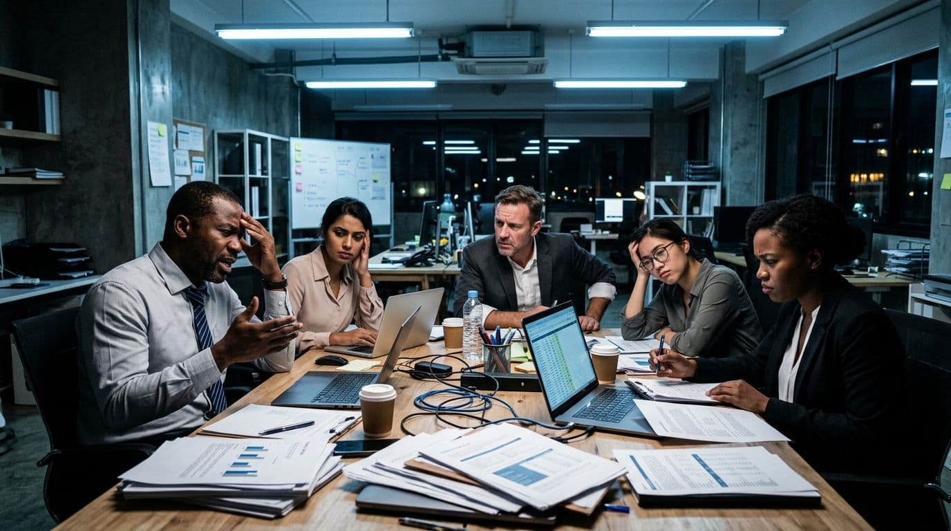 A diverse team of five people in a tense office meeting under harsh fluorescent lighting, with stacks of papers and laptops around a single table, realistic photographic style.