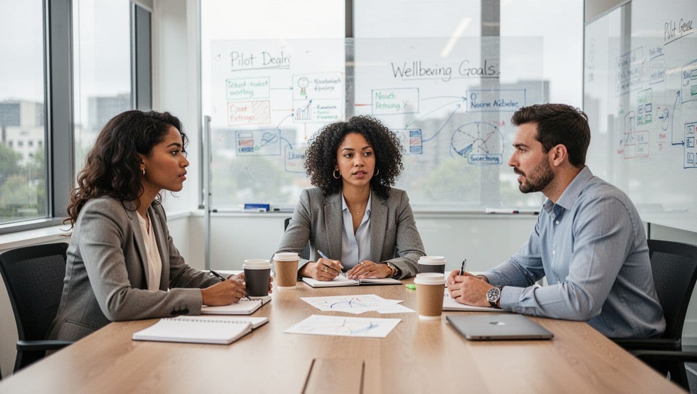 A small group of three diverse professionals—two women and one man—in a bright modern conference room, brainstorming wellbeing goals around a table with notebooks and coffee cups, engaged in focused discussion under natural window light.