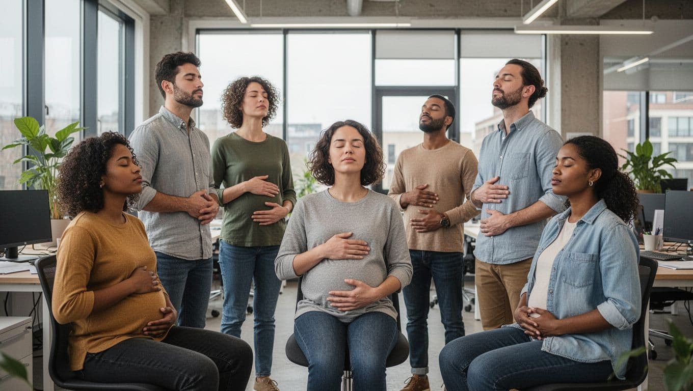 A small diverse group of 4-5 colleagues in a modern open office takes a short, relaxed breathing break together, eyes closed, hands on bellies, with calm expressions amid natural light.