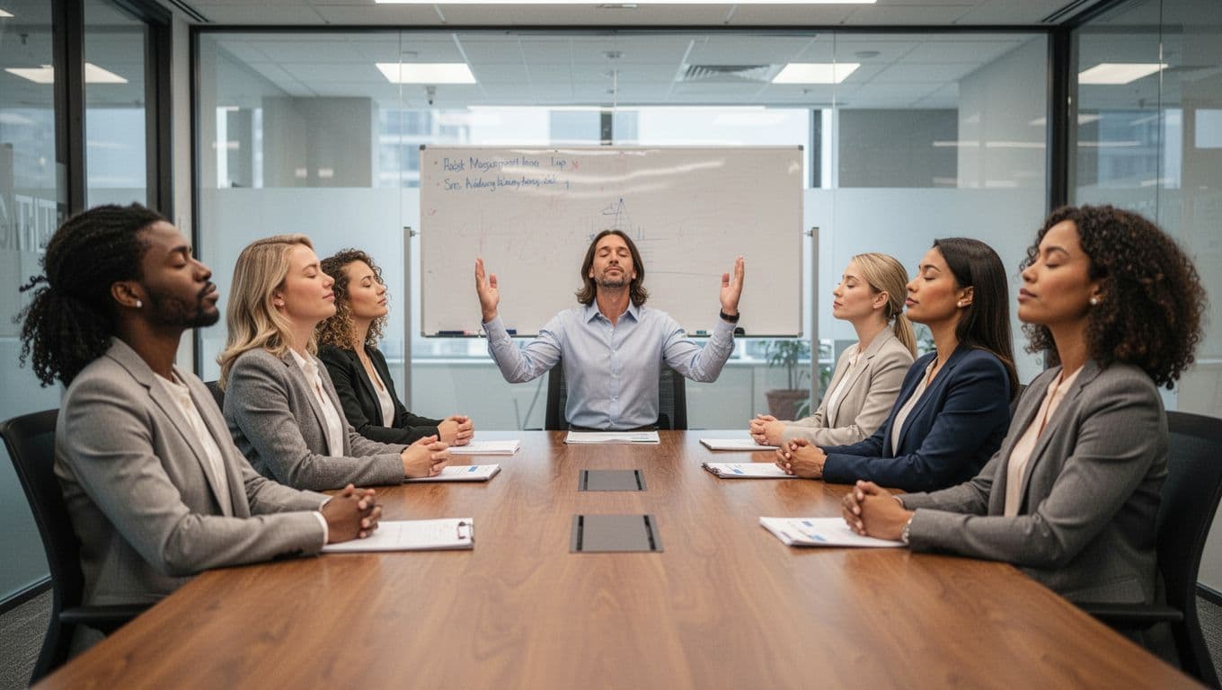 Five diverse professionals seated around a conference table engage in a serene group breathing exercise led by their leader before the meeting discussion, with relaxed postures, eyes closed, and soft office lighting.