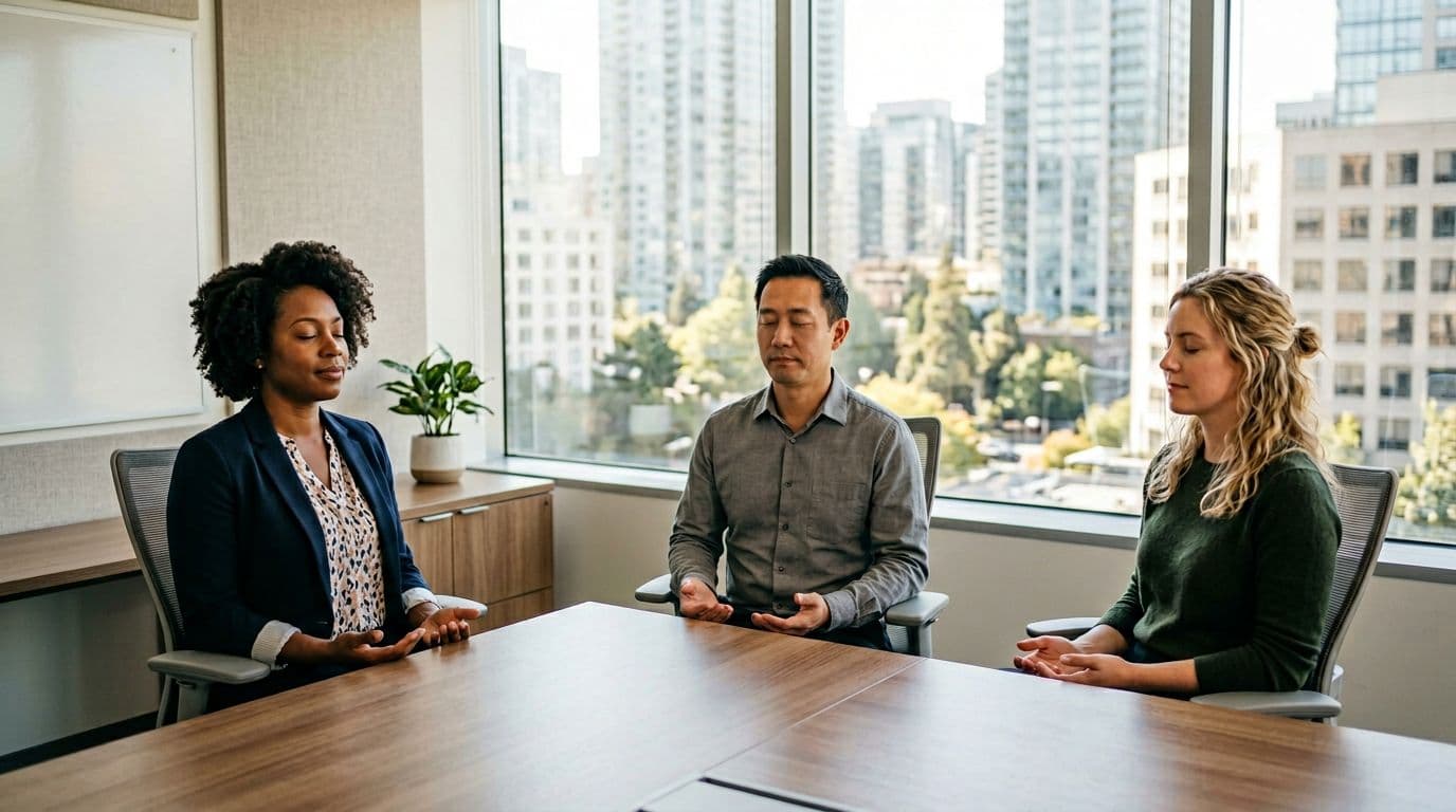 A diverse team of exactly three people sits relaxed in a modern conference room, eyes closed and hands on laps, practicing a short guided breathing exercise between meetings with soft natural light from the window.