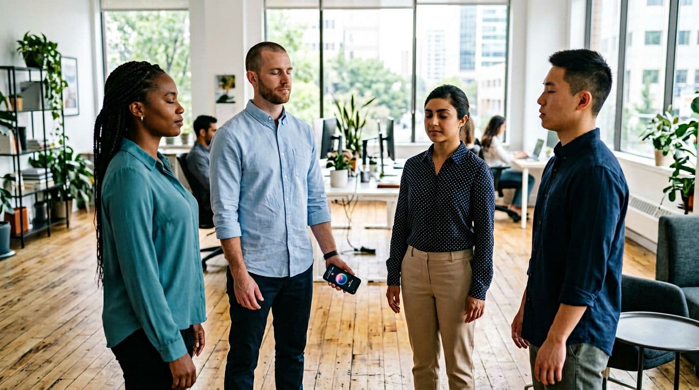 A small team of four diverse professionals stands in a circle in an open office space, performing a short guided breathing exercise with calm expressions. One holds a phone with an open app in bright daylight, realistic style, no text or logos.