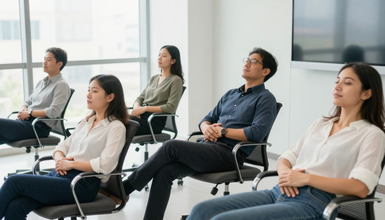 A diverse group of four professionals in a bright modern conference room pauses for a short break, with one demonstrating a simple breathing exercise by placing hands on the belly while others follow, creating a relaxed and collaborative atmosphere with natural daylight.
