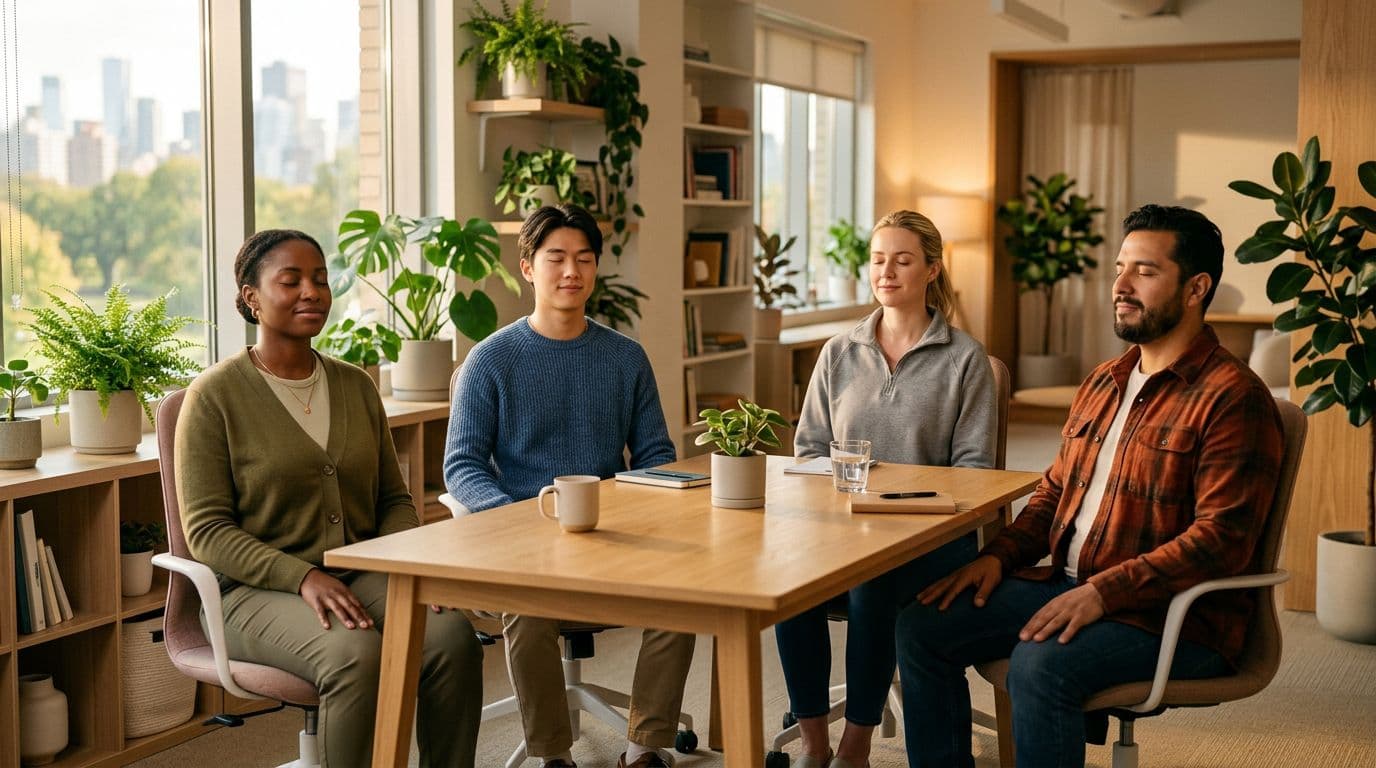 A diverse team of exactly four people in a calm office practices a short breathing pause, sitting comfortably with eyes closed, relaxed hands, and serene expressions, with plants, windows, and warm photorealistic lighting in the background.