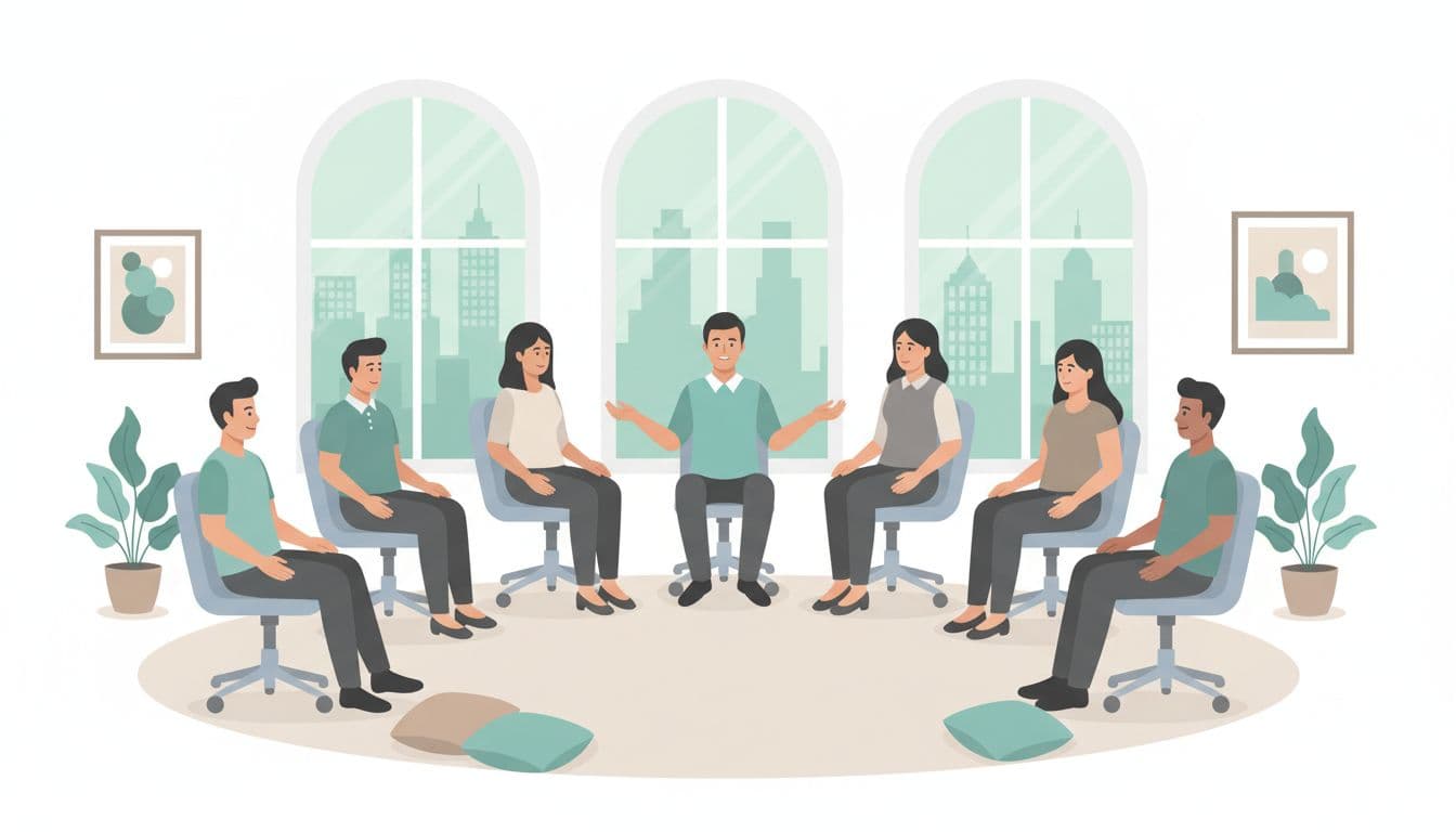 Eight diverse employees in a bright Mexico City office participate in a group breathing wellness workshop, seated in a circle on office chairs with a central facilitator guiding relaxed hand positions. Modern illustration with clean shapes, #14B8A6 accents, soft daylight, relaxed collaborative vibe.