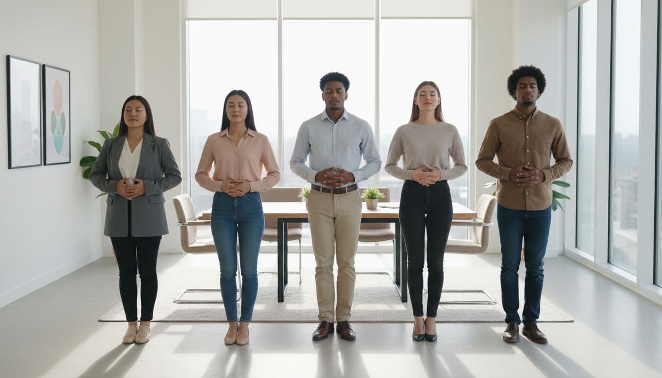 Five diverse professionals in a modern conference room practice synchronized deep breathing, eyes closed, hands on abdomens, bathed in natural light.