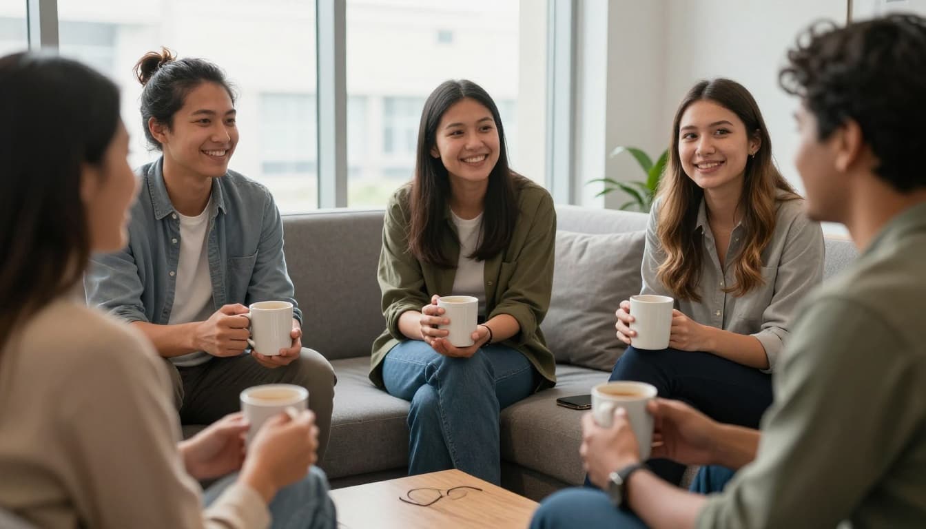 Small diverse team of three knowledge workers in relaxed casual conversation after a meeting in a modern office lounge, two standing one sitting on couch holding coffee mugs with smiles and open postures under warm natural light.