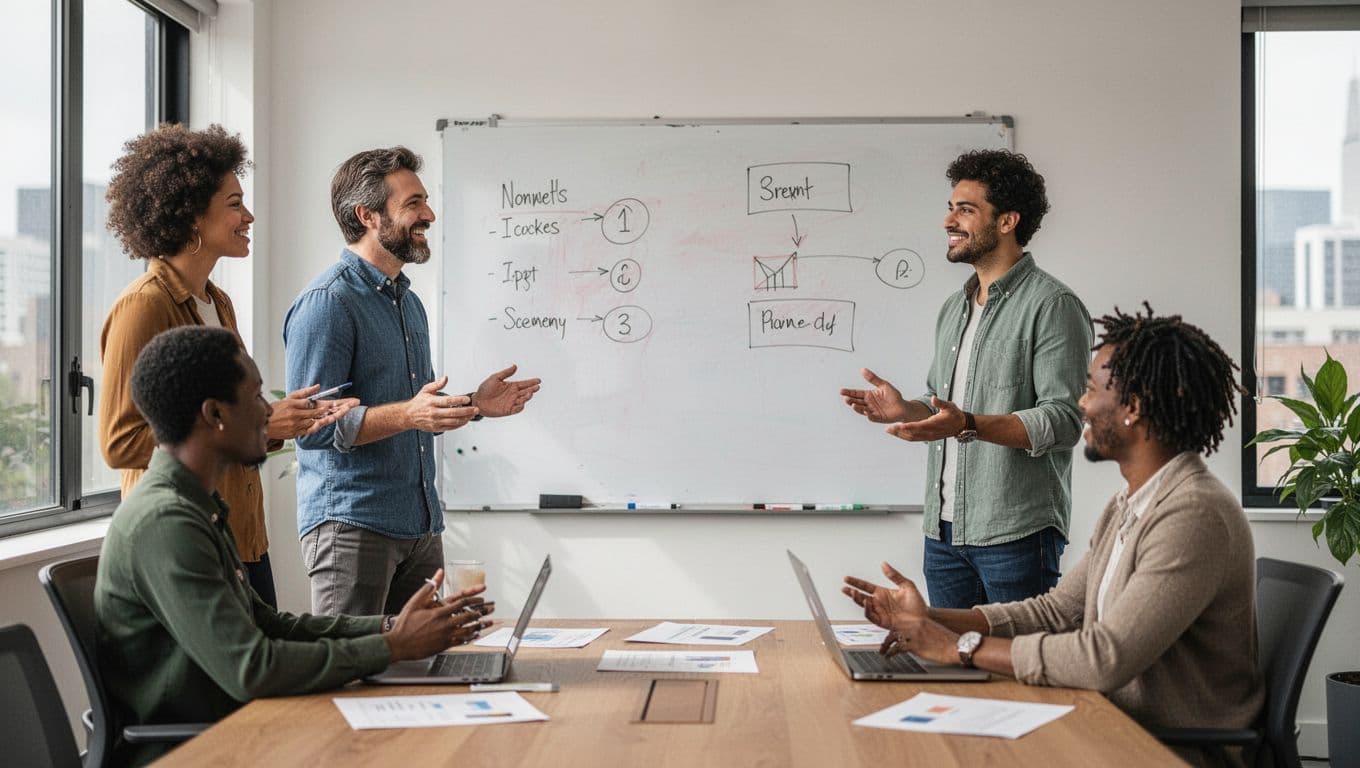 Small team of four diverse professionals in a bright conference room during a casual stand-up meeting, with relaxed postures, natural gestures, whiteboard notes, and positive collaborative mood under natural window light.