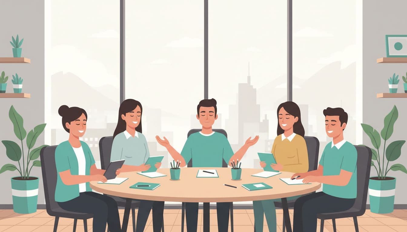 Modern illustration of five diverse professionals in a bright Mexico City office, collaborating around a table with relaxed smiles during a guided breathing exercise, promoting a positive mentally healthy environment.