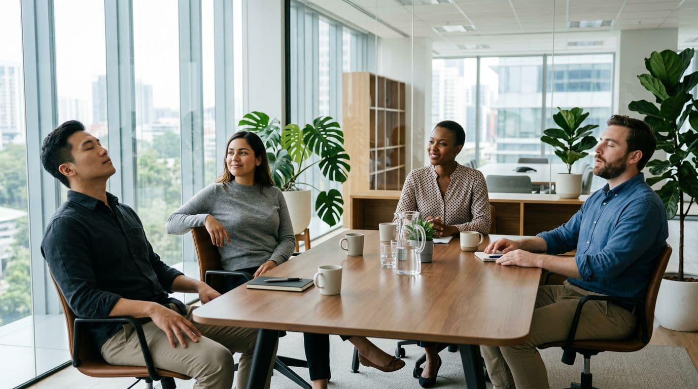 A diverse team of three to five people in a bright conference room with plants takes a short break, some closing eyes and breathing deeply, others in relaxed postures, with the manager gently facilitating a calm group dynamic from a side angle.